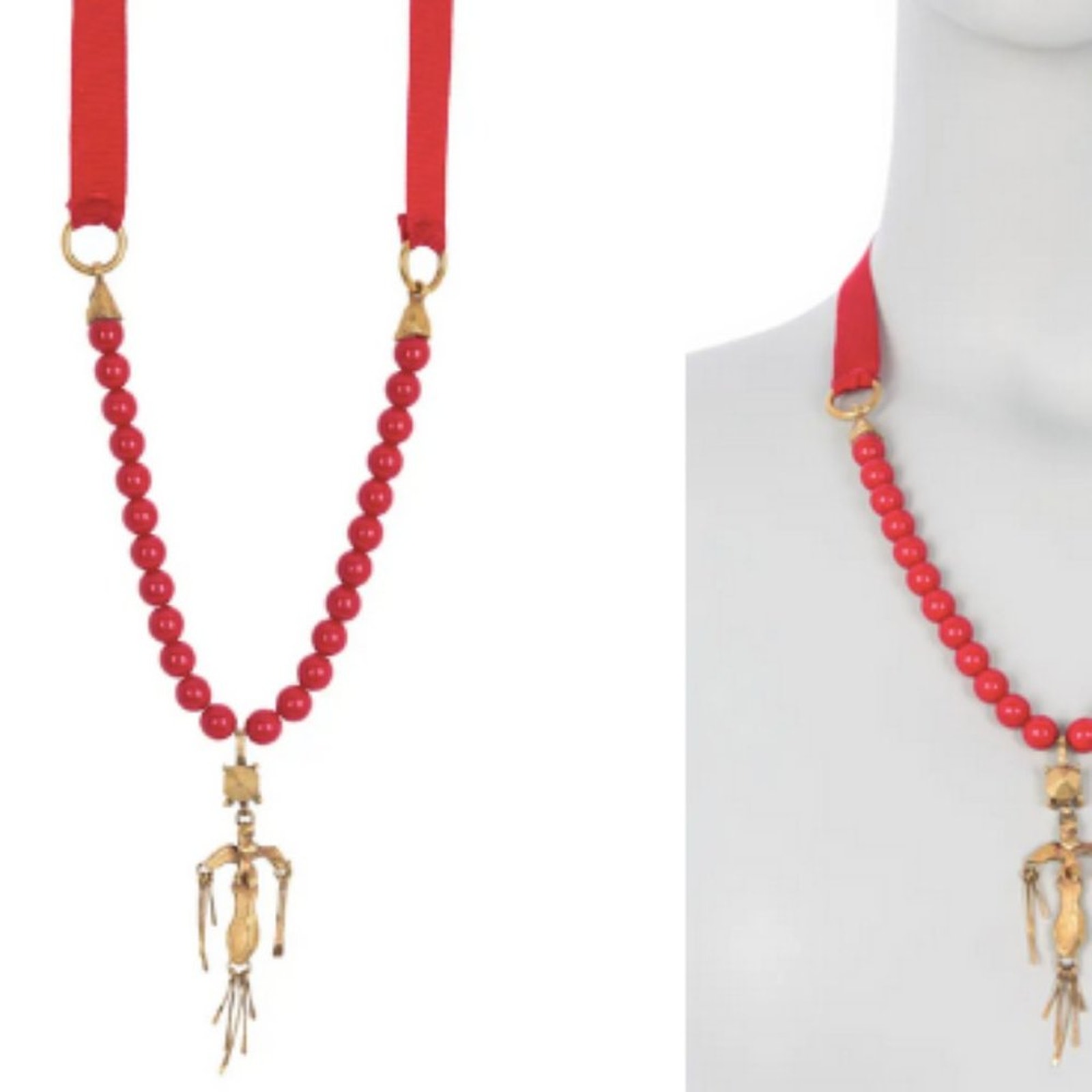 Valentino Red Ribbon Tie Beaded Pendant Necklace 350$